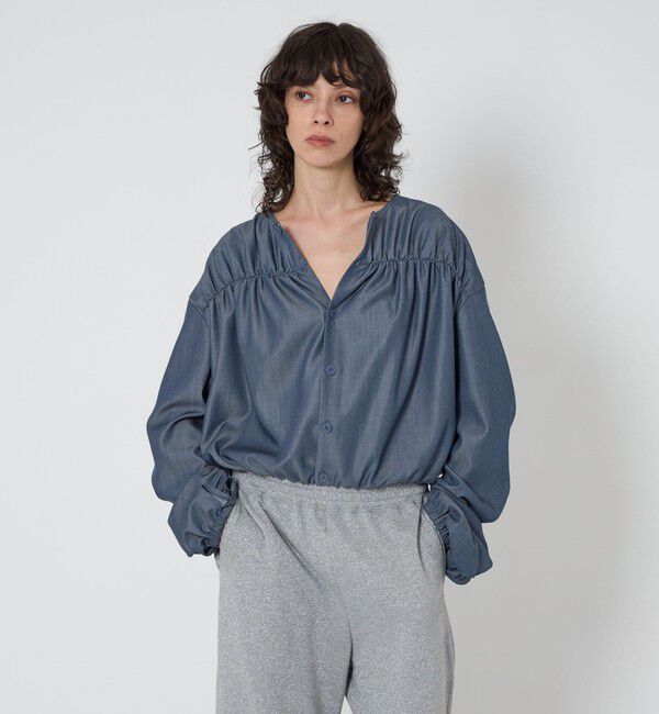 ASTRAET「＜ASTRAET＞デニムライク ギャザー ノーカラーブラウス」|シャツ・ブラウス|NAVY