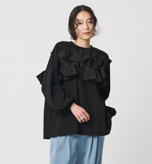 UNITED ARROWS「リボン コンビ パフスリーブ カットソー ‐ウォッシャブル‐」|Tシャツ・カットソー|BLACK