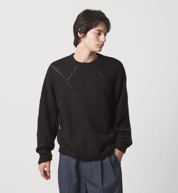 MONKEY TIME「モヘヤミックス ダイヤパターン クルーネック ニット」|ニット・セーター|BLACK