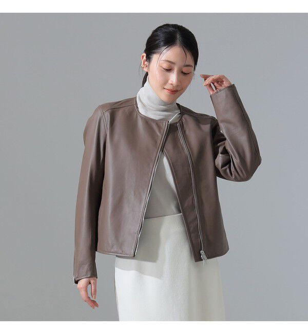 Demi-Luxe BEAMS 「マット シープスキン ノーカラー ライダース ブルゾン」|ブルゾン・スタジャン|