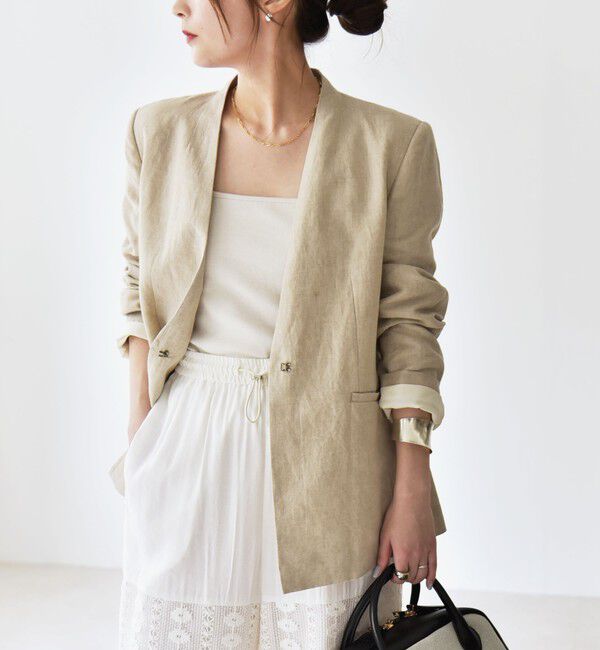 quaranciel「quaranciel:〈手洗い可能〉ヨーロピアンフラックス リネン ノーラペル オーバー ジャケット」|ノーカラージャケット|