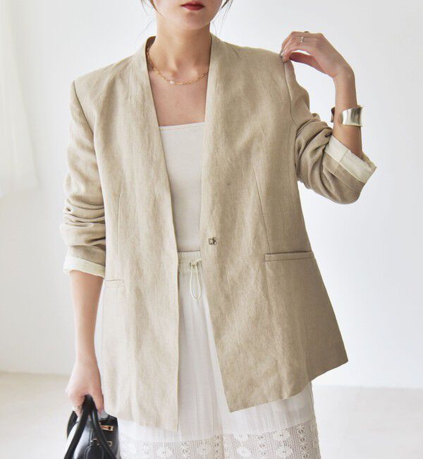 quaranciel「quaranciel:〈手洗い可能〉ヨーロピアンフラックス リネン ノーラペル オーバー ジャケット」|ノーカラージャケット|