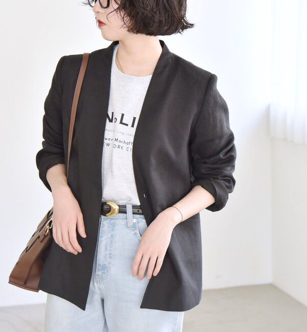 quaranciel「quaranciel:〈手洗い可能〉ヨーロピアンフラックス リネン ノーラペル オーバー ジャケット」|ノーカラージャケット|