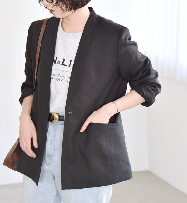 quaranciel「quaranciel:〈手洗い可能〉ヨーロピアンフラックス リネン ノーラペル オーバー ジャケット」|ノーカラージャケット|