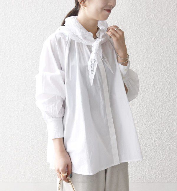 SHIPS any「bon_meur:〈洗濯機可能〉レース スカーフ付き バンドカラー ギャザー パフ シャツ」|シャツ・ブラウス|