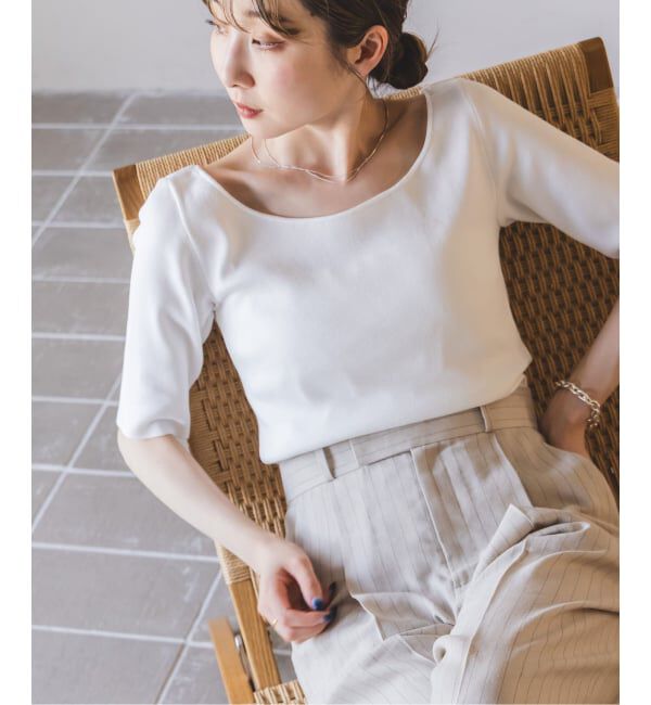 NOBLE「【洗える】14Gデコルテハーフスリーブニット」|ニット・セーター|