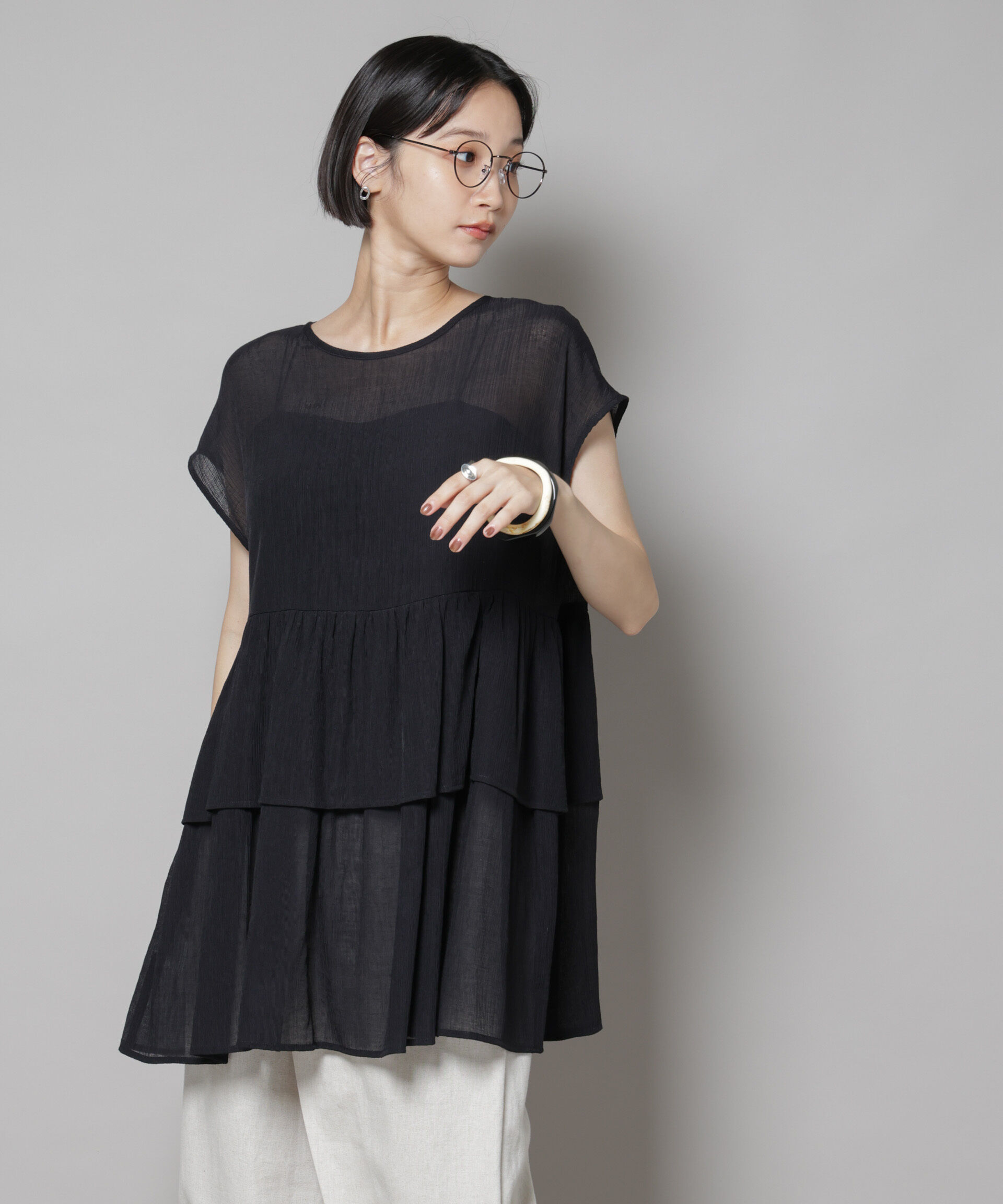 nano･universe「前後2wayシアー楊柳ノースリーブティアードブラウス」|シャツ・ブラウス|