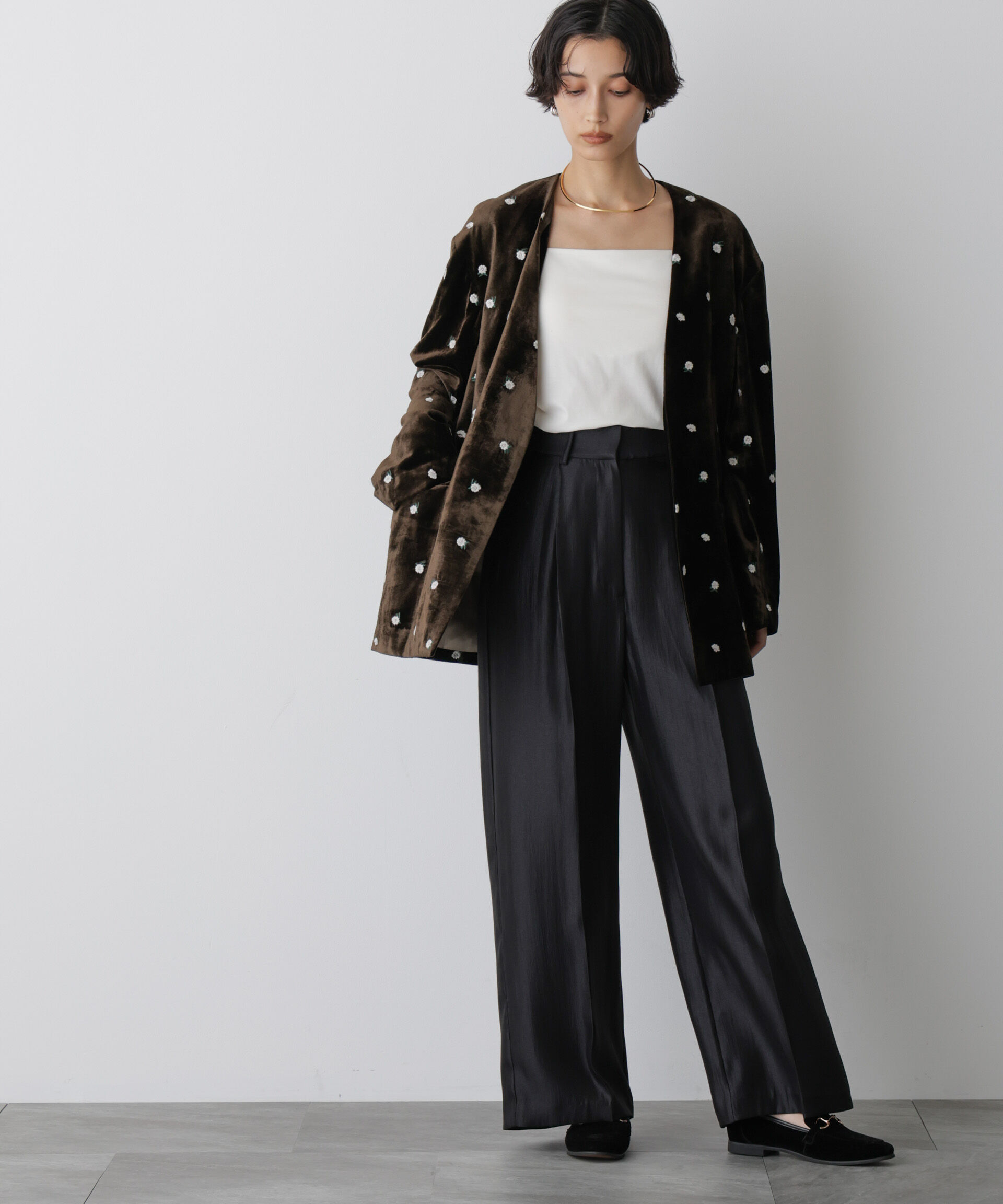 nano･universe「「STEVELOUR」サテンタックワイドパンツ(セットアップ可)」|チノ|