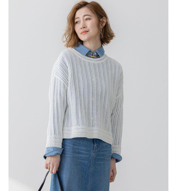 23区「【洗える】コットンギマ ストライプ ニット」|ニット・セーター|ホワイト系