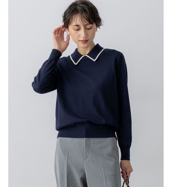 23区「【洗える】ウーステッドウール ポロニット」|ニット・セーター|ネイビー系