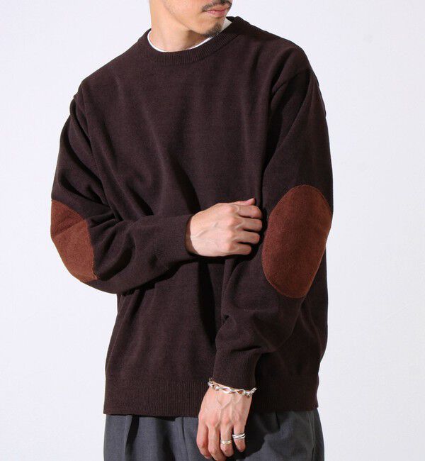 GLOSTER「【GLOSTER/グロスター】ソフトモール素材 エルボーパッチ クルーニット」|ニット・セーター|ダークブラウン