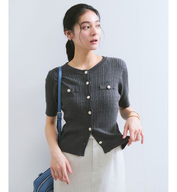 VIS「【WEB限定】エンブレム金釦5分袖ケーブルカーディガン」|カーディガン|