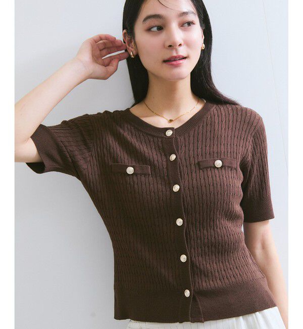 VIS「【WEB限定】エンブレム金釦5分袖ケーブルカーディガン」|カーディガン|