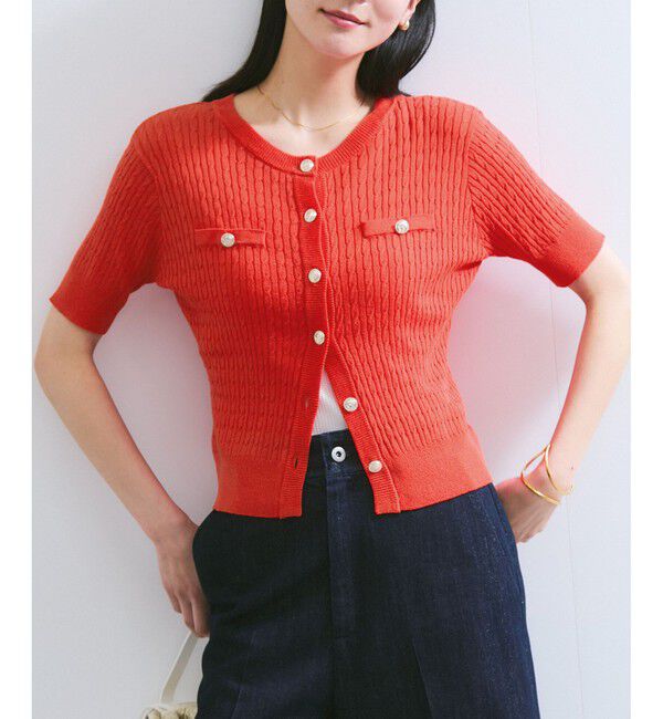 VIS「【WEB限定】エンブレム金釦5分袖ケーブルカーディガン」|カーディガン|