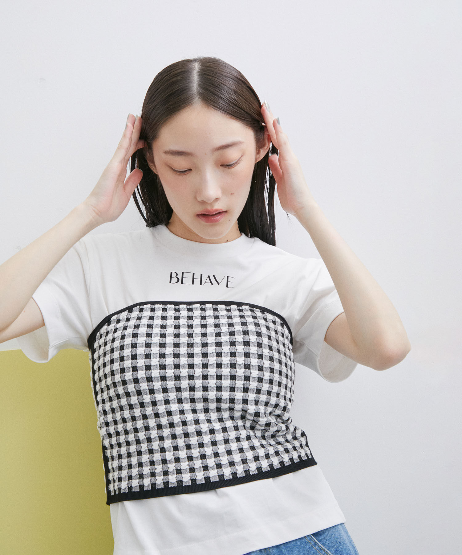 ADAM ET ROPE'「【サステナブル・セットアップ対応・WEB限定】チェック＆リブニットブラトップ」|チューブトップ|ブラック系(03)