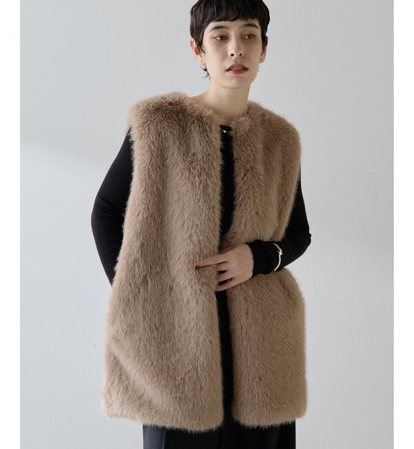 THE PAUSE「【THE PAUSE】フェイクファークルーネックジレ」|ベスト・ジレ|グレージュ