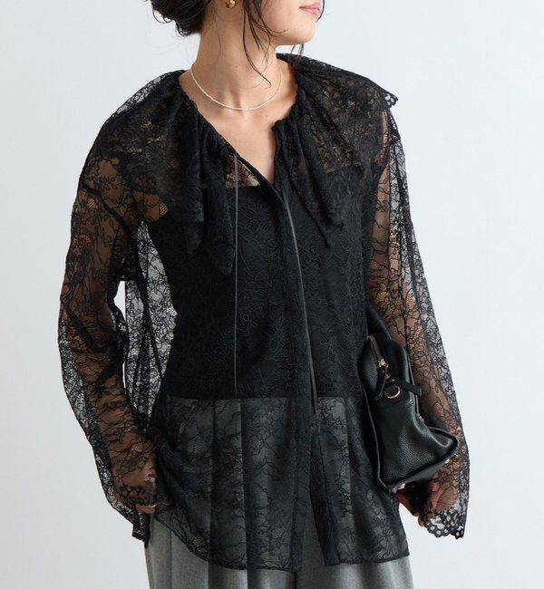  「【繊細なレースがアクセントに】フリルカラーレースブラウス」|シャツ・ブラウス|ブラック