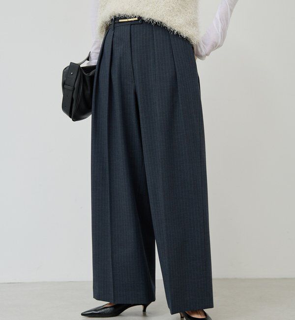  「【手洗い可能】【3サイズ展開】ストライプダブルタックパンツ」|チノ|ネイビー