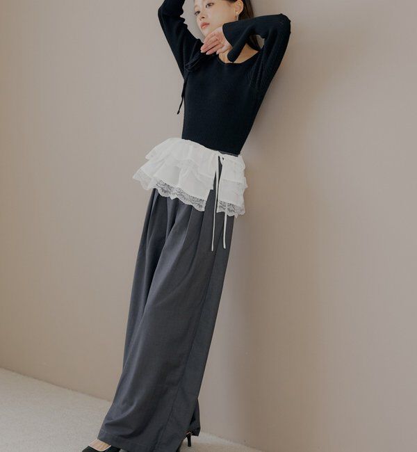  「【SALON by Chico】取り外しフリルルーズスラックスパンツ」|チノ|