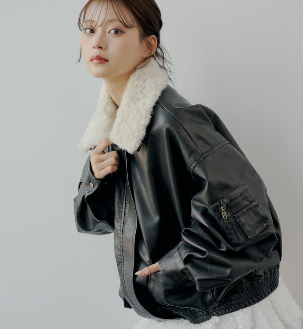  「ミリタリーレザージャケット/ファー取外し可能」|その他|ブラック