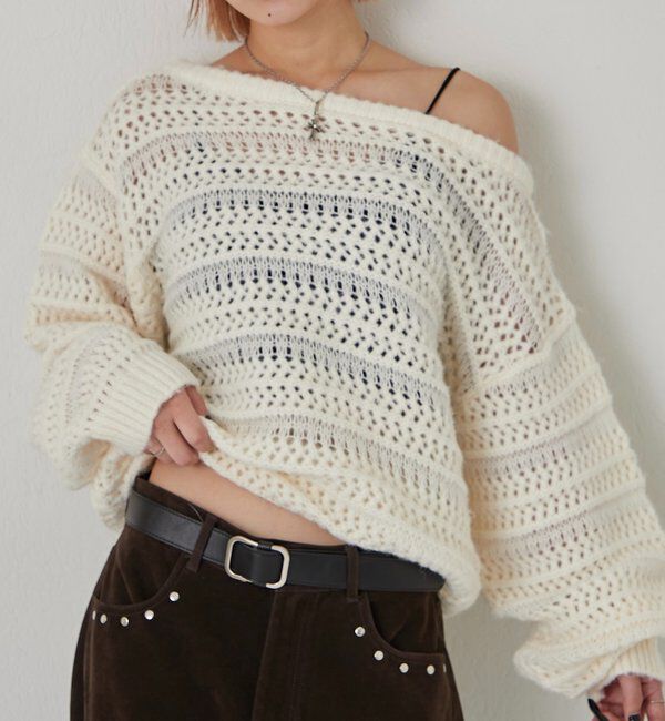  「メッシュボーダーオフショル2wayニット」|ニット・セーター|ホワイト