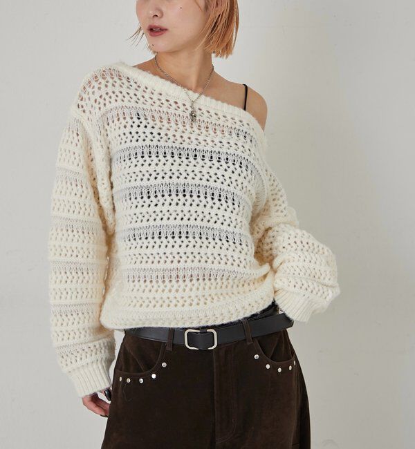  「メッシュボーダーオフショル2wayニット」|ニット・セーター|