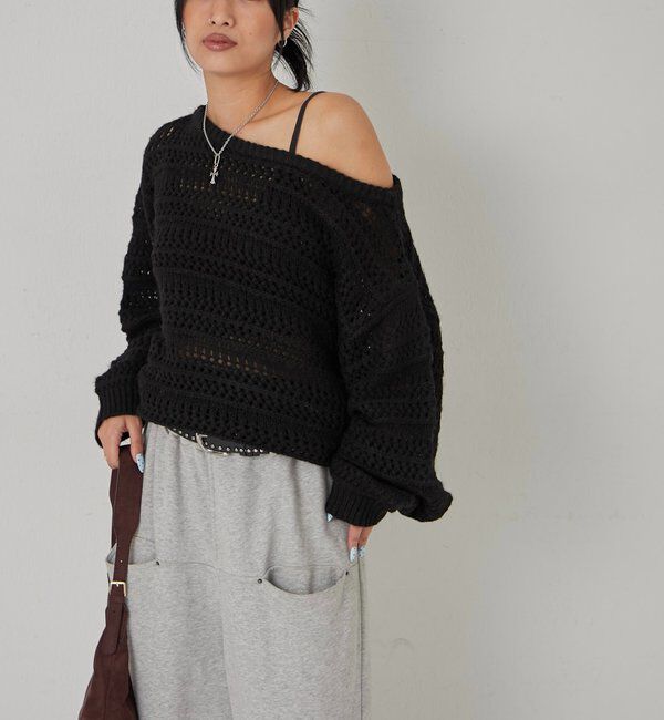  「メッシュボーダーオフショル2wayニット」|ニット・セーター|