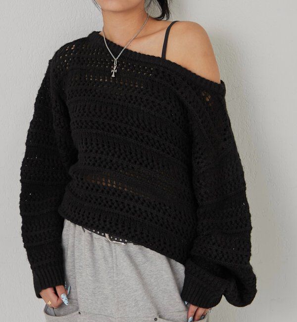  「メッシュボーダーオフショル2wayニット」|ニット・セーター|ブラック