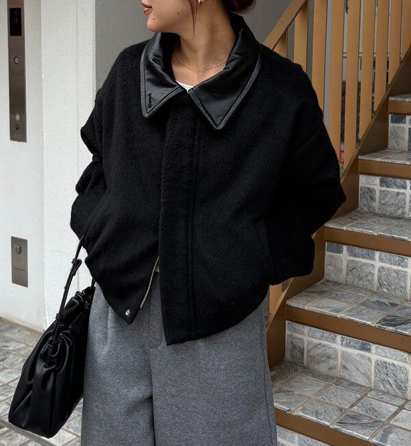  「【2WAYで着用可能】スタンドウールショートコート」|その他|ブラック