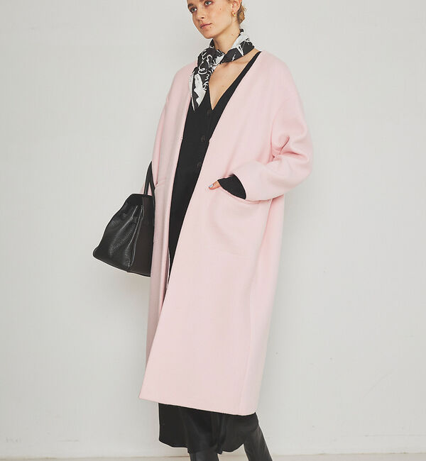 Rouge vif「ノーカラー ロングコート」|ノーカラーコート|ピンク