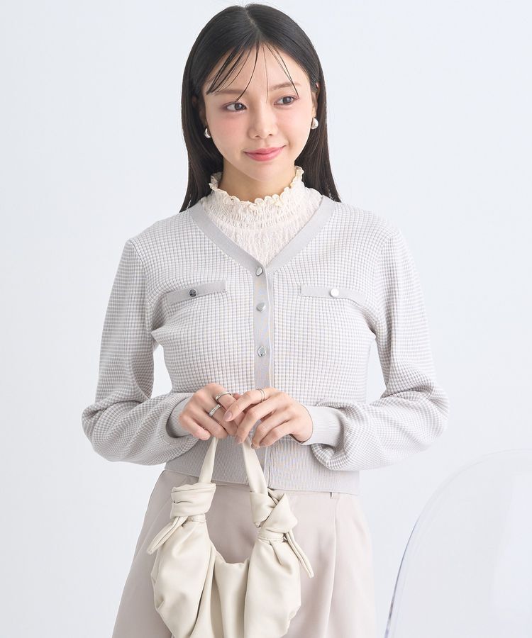 earth music&ecology「マイクロボーダーVネックコンパクトカーディガン」|カーディガン|Light Gray