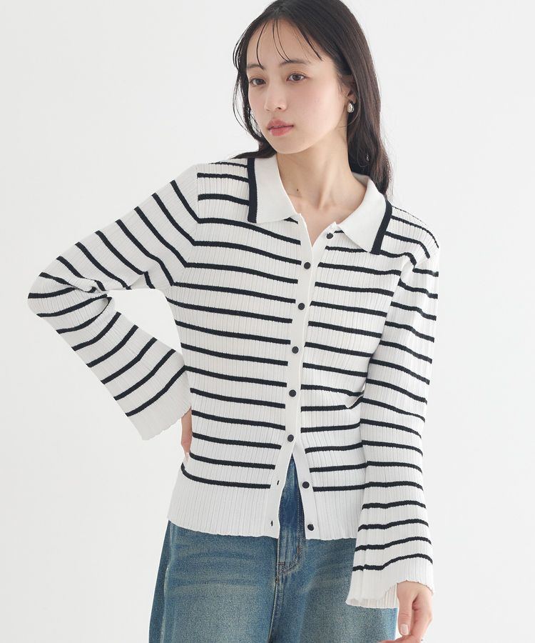 earth music&ecology「レギュラーカラーニットカーディガン」|カーディガン|ボーダーブラック