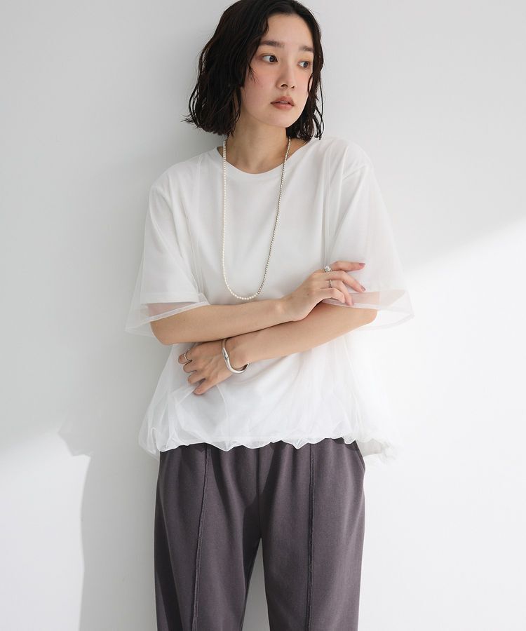 Green Parks「チュールドッキングバルーン5分袖プルオーバー」|Tシャツ・カットソー|