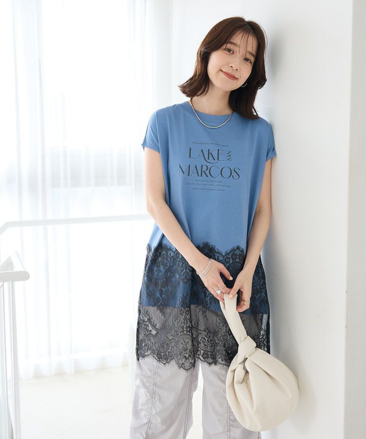 Green Parks「フレンチスリーブ裾レースロゴチュニック」|チュニック|Blue