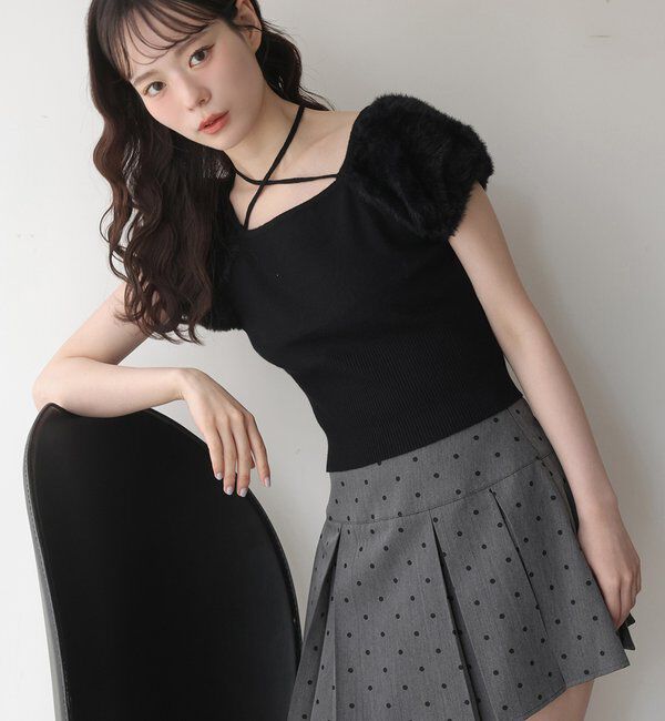  「袖フェザー半袖ニット」|ニット・セーター|ブラック