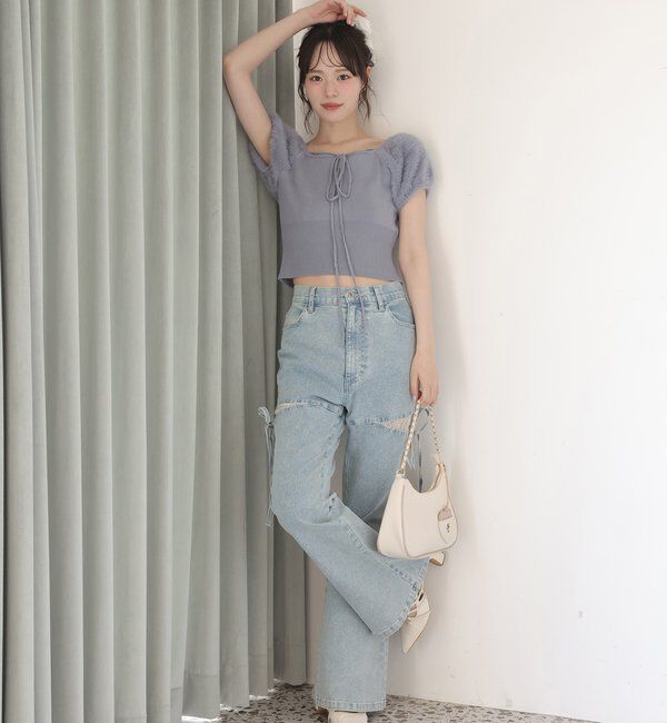  「袖フェザー半袖ニット」|ニット・セーター|