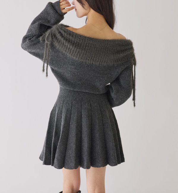  「オフショルプリーツニットミニワンピ」|ワンピース|
