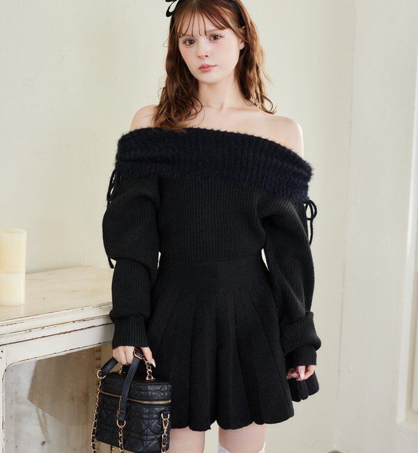  「オフショルプリーツニットミニワンピ」|ワンピース|