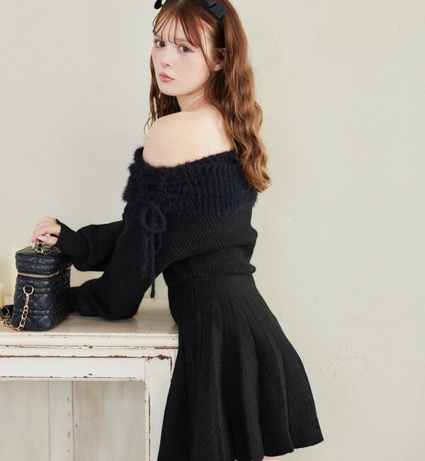  「オフショルプリーツニットミニワンピ」|ワンピース|