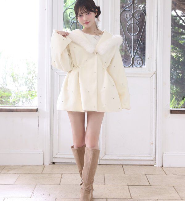 NICE CLAUP フードフェイクファービジューミドルコート 女の子コート