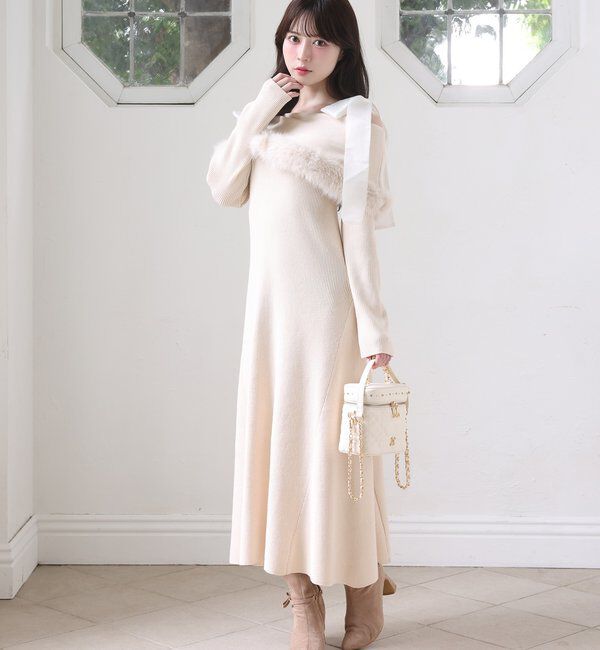  「リボン取り外し可能オフショルファーニットワンピース」|ワンピース|アイボリー