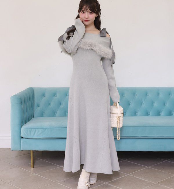  「リボン取り外し可能オフショルファーニットワンピース」|ワンピース|