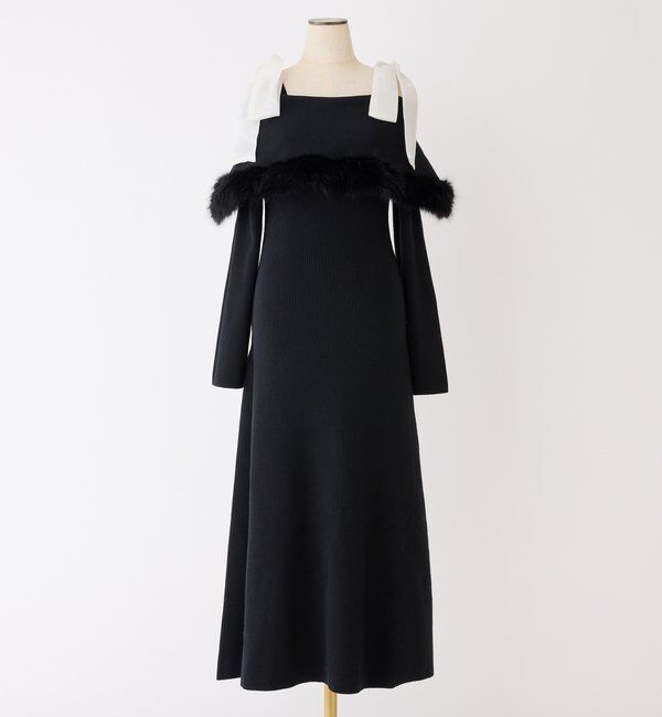  「リボン取り外し可能オフショルファーニットワンピース」|ワンピース|