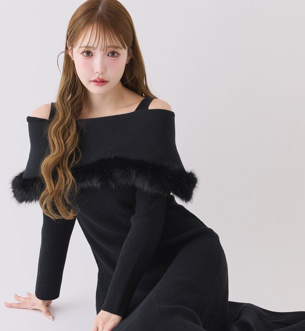  「リボン取り外し可能オフショルファーニットワンピース」|ワンピース|