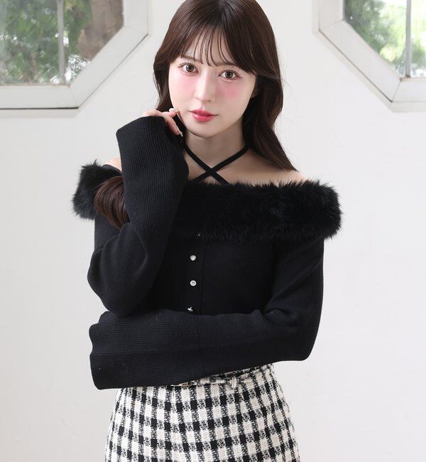  「キラキラボタンファーオフショルニット」|ニット・セーター|ブラック系その他