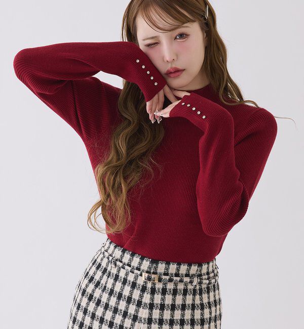  「袖ボタンプチハイニット」|ニット・セーター|レッド