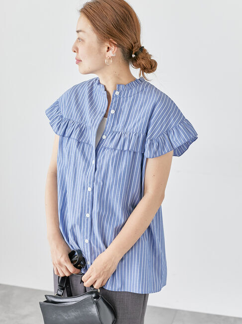 Lugnoncure「【イージーケア】無地/柄アソートフリルブラウス」|シャツ・ブラウス|ネイビー