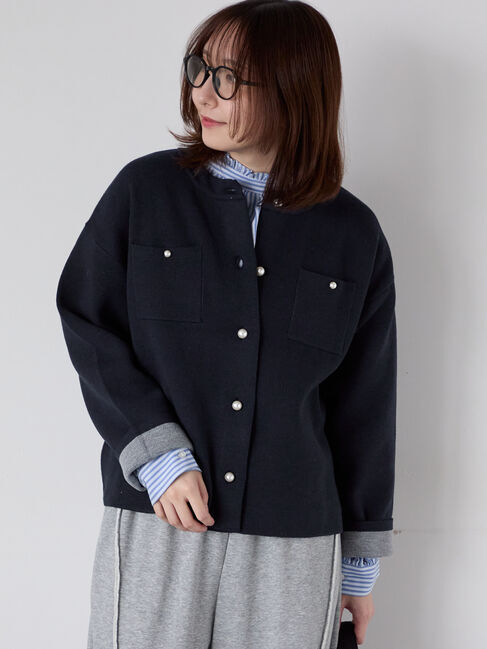 Te chichi TERRASSE「パール釦バイカラーニットカーディガン」|カーディガン|ネイビー