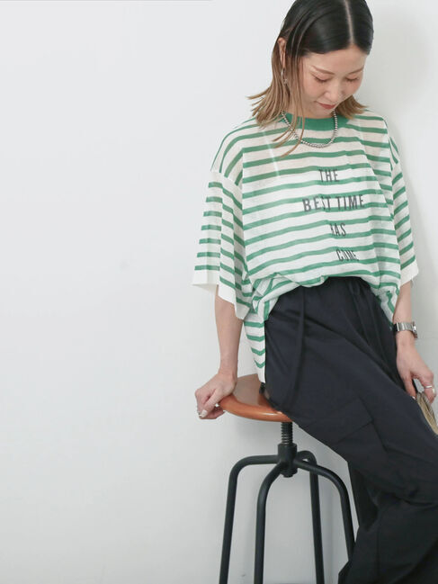 Samansa Mos2 blue「ボーダーロゴニットプルオーバー」|ニット・セーター|