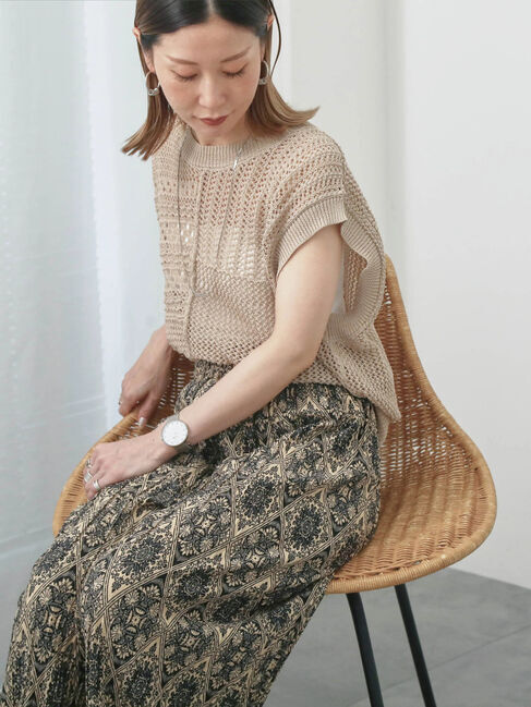 Samansa Mos2 blue「麻タッチパッチワークニットベスト」|ニット・セーター|